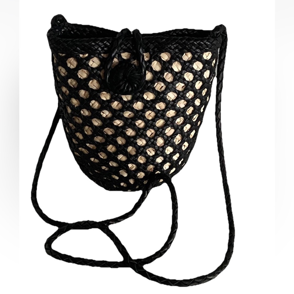 EN SHALLA Anthropologie Braided Black Leather Raffia Lined Crossbody Bag